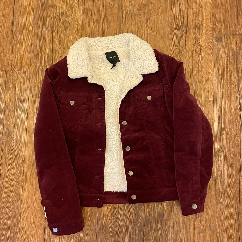 burgundy sherpa button up jacket